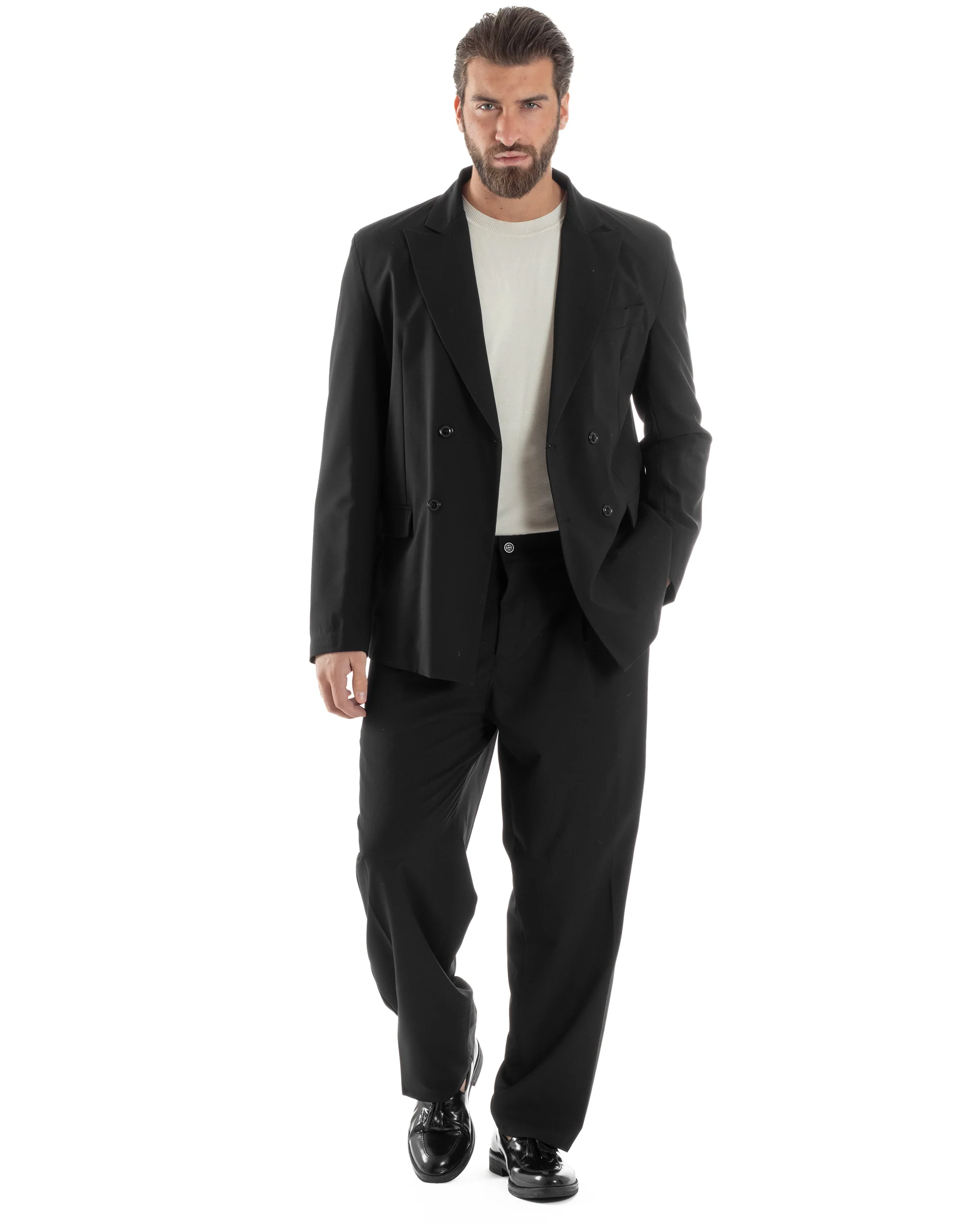 Abito Uomo Doppiopetto Viscosa Relaxed Fit Completo Giacca Rever A Lancia Pantaloni Pinces Fondo Largo Baggy Casual Nero GIOSAL-AE1120A - immagine 2