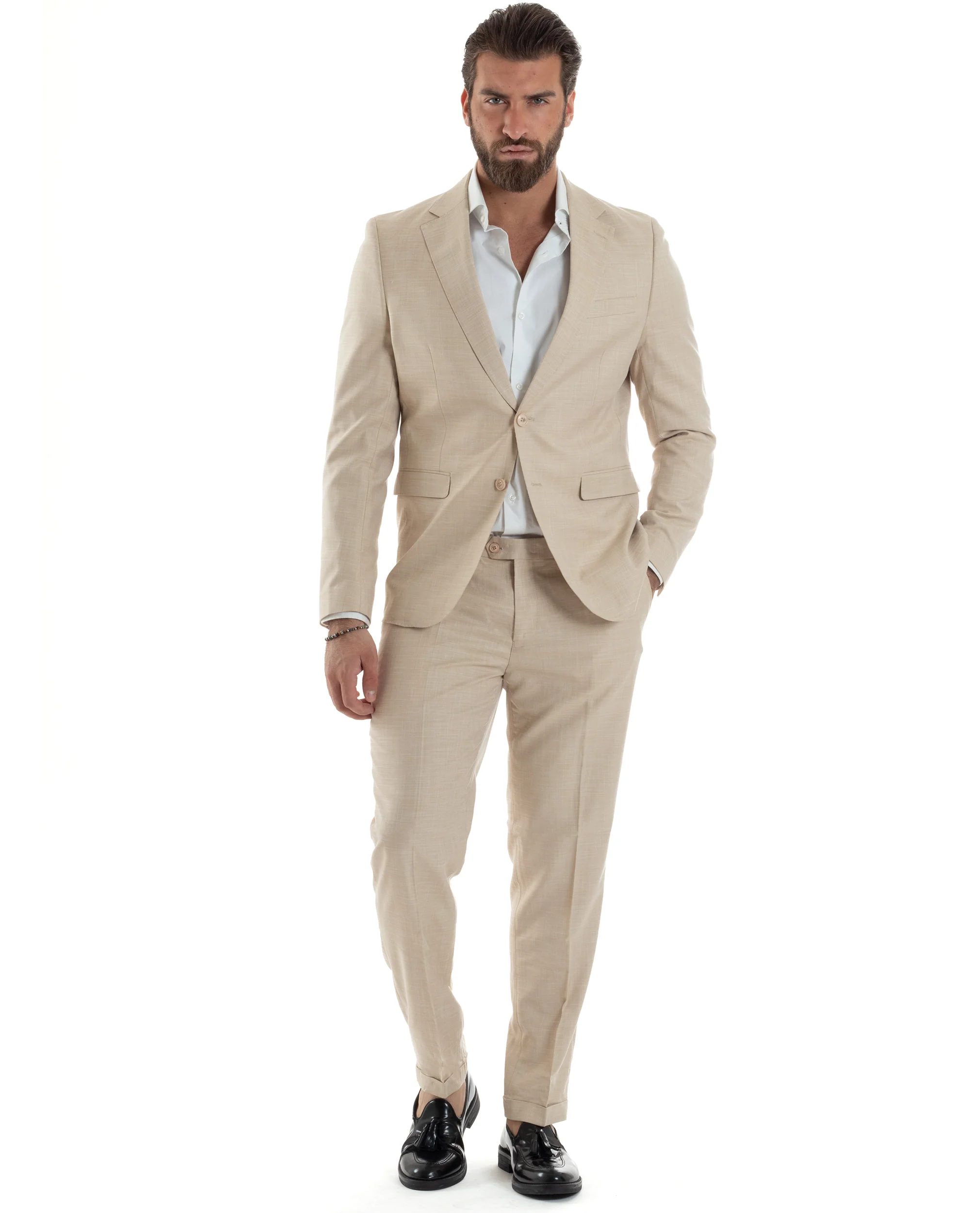Abito Uomo Monopetto Vestito Viscosa Completo Giacca Pantaloni Beige Melangiato AE1127A - immagine 2