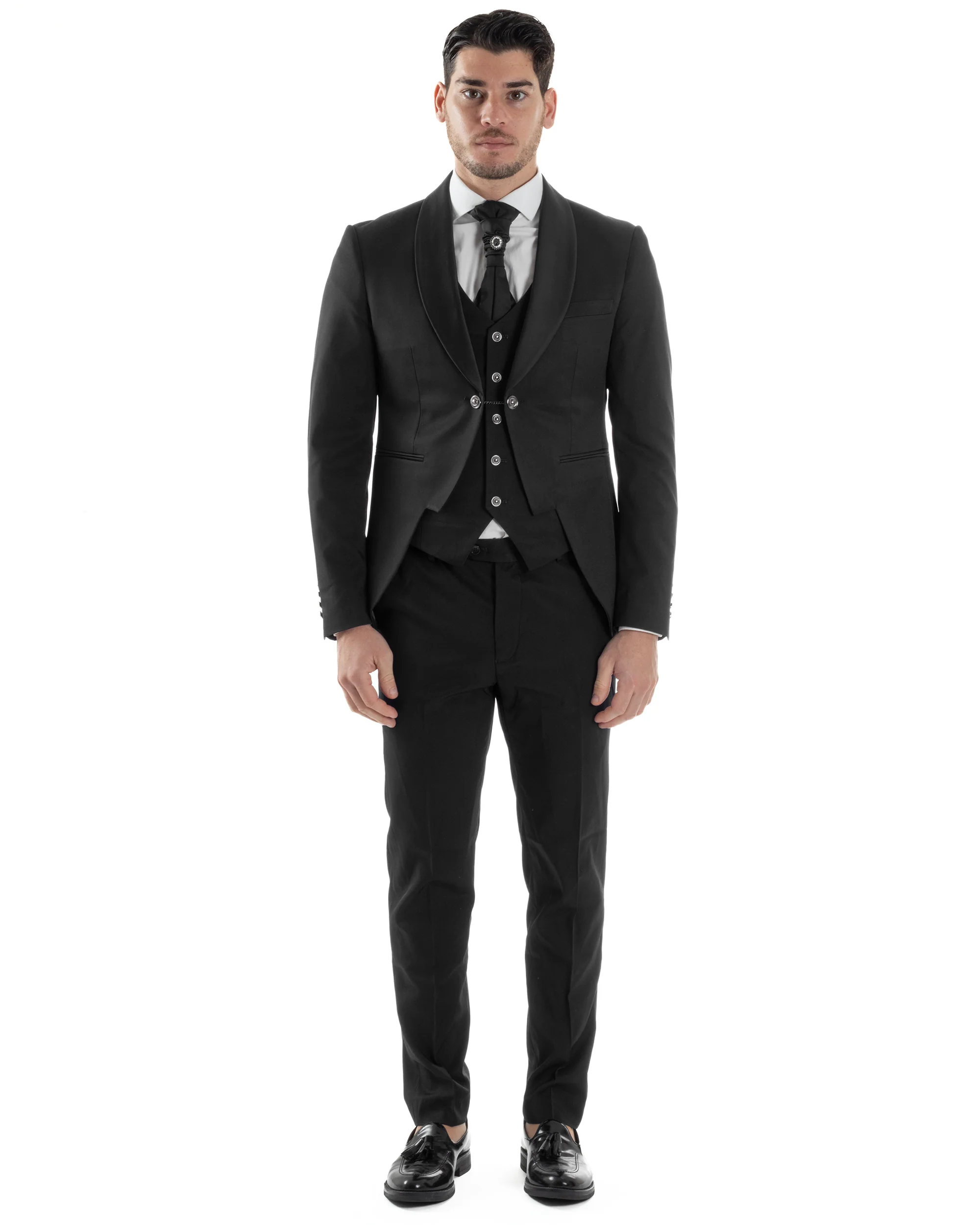 Abito Uomo Monopetto Cerimonia Rever Raso Lucido Vestito 3 Pezzi Panciotto Completo Sposo Panciotto Plastron Nero AE1143A