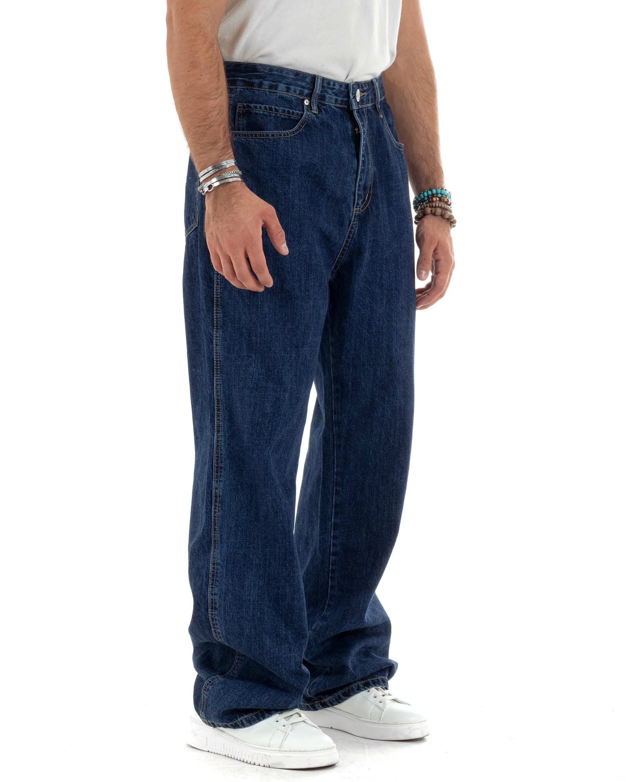 Jeans Uomo Classico Cinque Tasche Pantaloni Baggy Comodi Casual Cotone Tinta Unita Blue Denim GIOSAL-JS1055A - immagine 8