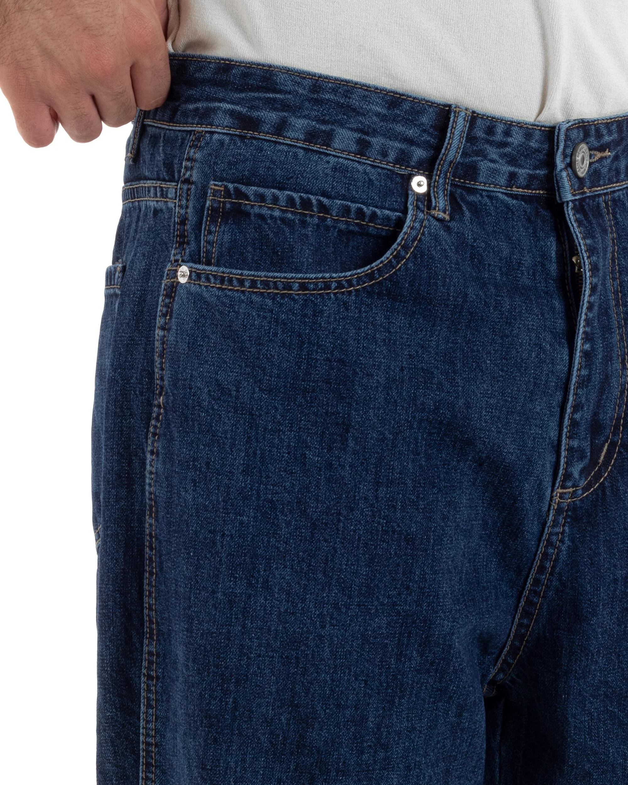 Jeans Uomo Classico Cinque Tasche Pantaloni Baggy Comodi Casual Cotone Tinta Unita Blue Denim GIOSAL-JS1055A - immagine 5