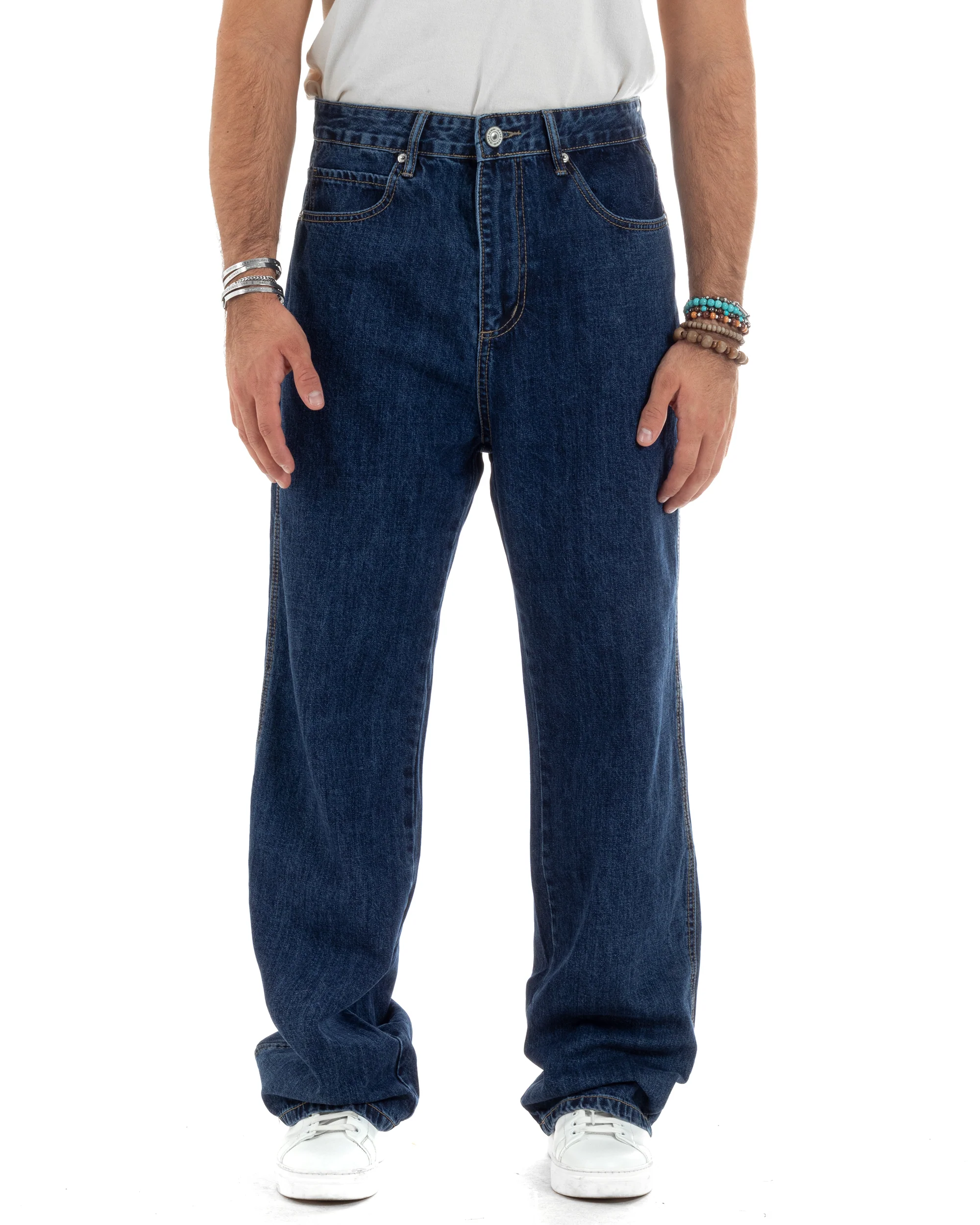 Jeans Uomo Classico Cinque Tasche Pantaloni Baggy Comodi Casual Cotone Tinta Unita Blue Denim GIOSAL-JS1055A - immagine 7